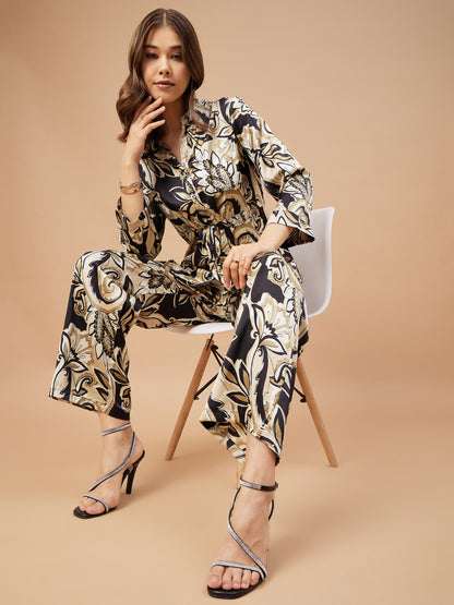 Gipsy Women Black Print Satin Regular Sleeve Collar Neck Co-Ord Sets
