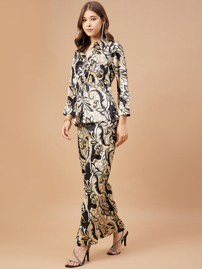 Gipsy Women Black Print Satin Regular Sleeve Collar Neck Co-Ord Sets