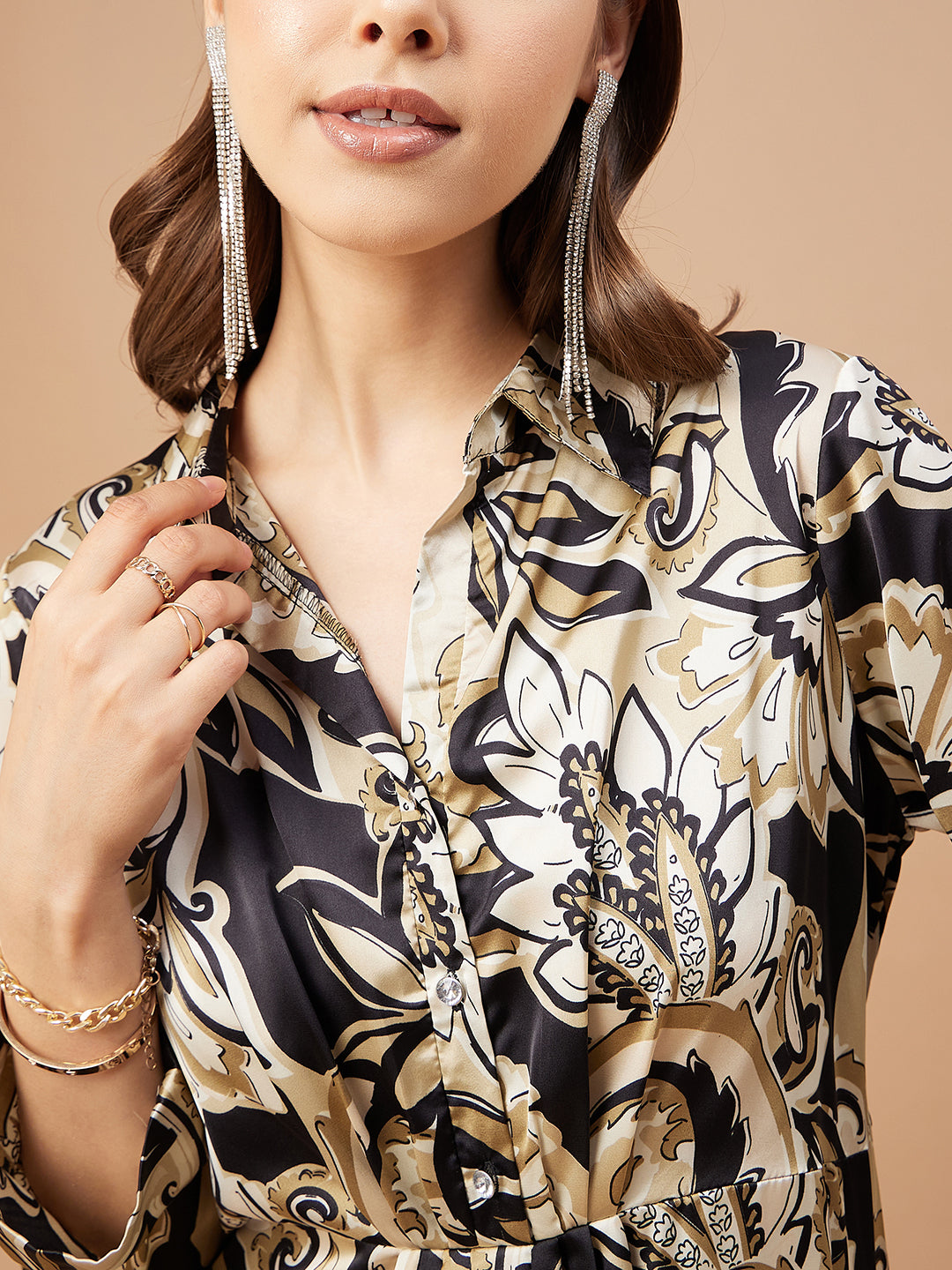 Gipsy Women Black Print Satin Regular Sleeve Collar Neck Co-Ord Sets