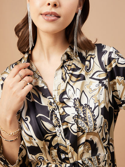 Gipsy Women Black Print Satin Regular Sleeve Collar Neck Co-Ord Sets