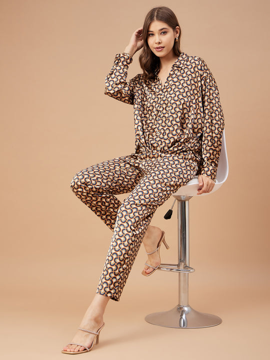 Gipsy Women Burnt Orange Print Satin Bishop Sleeve Collar Neck Co-Ord Set