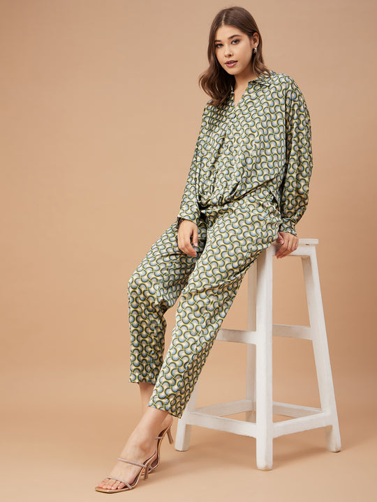 Gipsy Women Green Print Satin Bishop Sleeve Collar Neck Co-Ord Set
