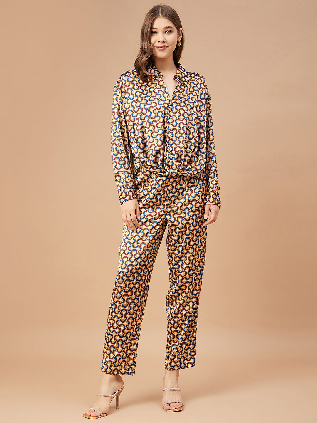 Gipsy Women Burnt Orange Print Satin Bishop Sleeve Collar Neck Co-Ord Set