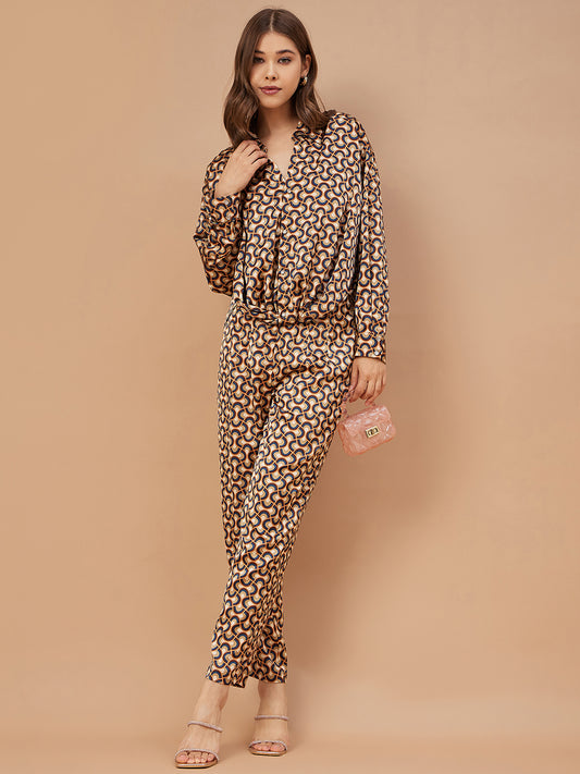 Gipsy Women Burnt Orange Print Satin Bishop Sleeve Collar Neck Co-Ord Set