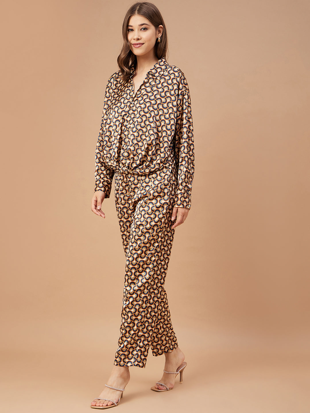 Gipsy Women Burnt Orange Print Satin Bishop Sleeve Collar Neck Co-Ord Set