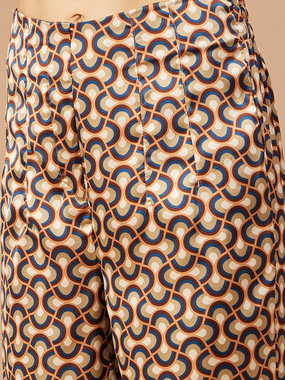 Gipsy Women Burnt Orange Print Satin Bishop Sleeve Collar Neck Co-Ord Set