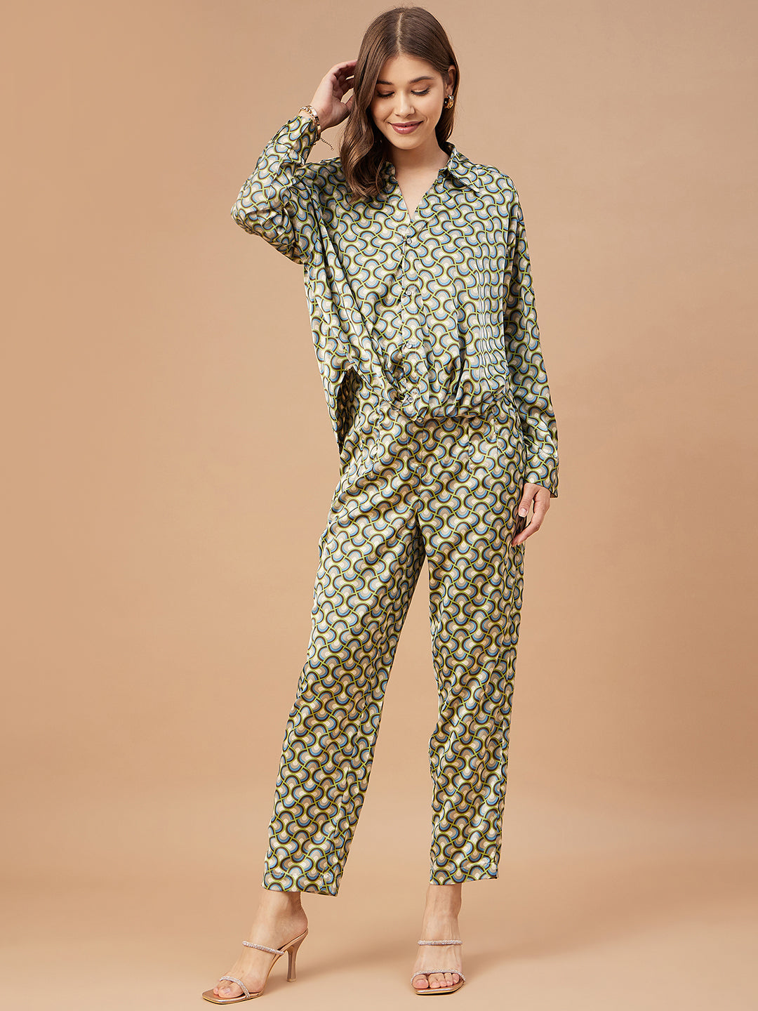 Gipsy Women Green Print Satin Bishop Sleeve Collar Neck Co-Ord Set