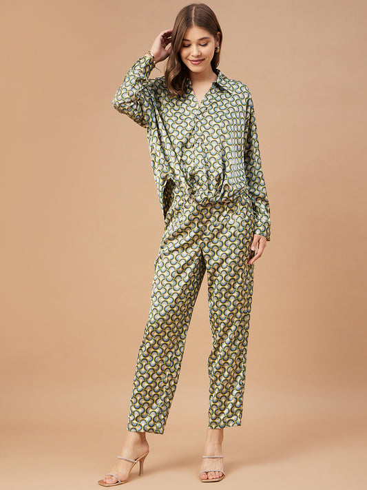 Gipsy Women Green Print Satin Bishop Sleeve Collar Neck Co-Ord Set