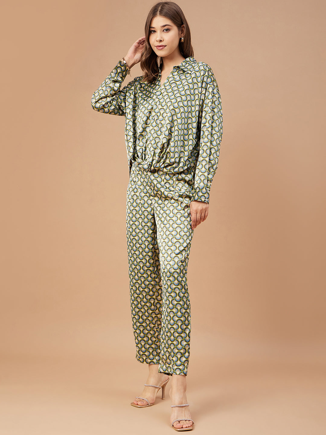 Gipsy Women Green Print Satin Bishop Sleeve Collar Neck Co-Ord Set