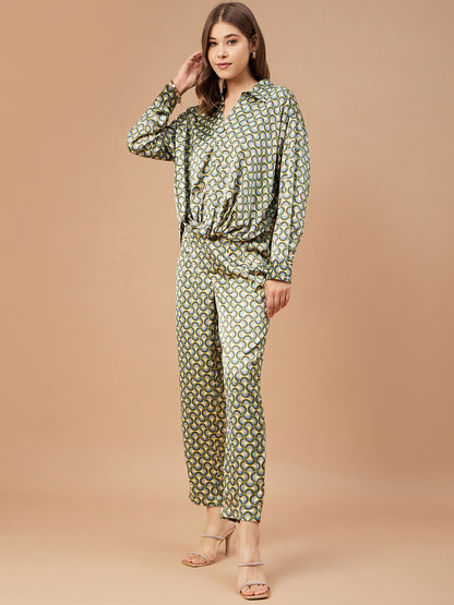 Gipsy Women Green Print Satin Bishop Sleeve Collar Neck Co-Ord Set