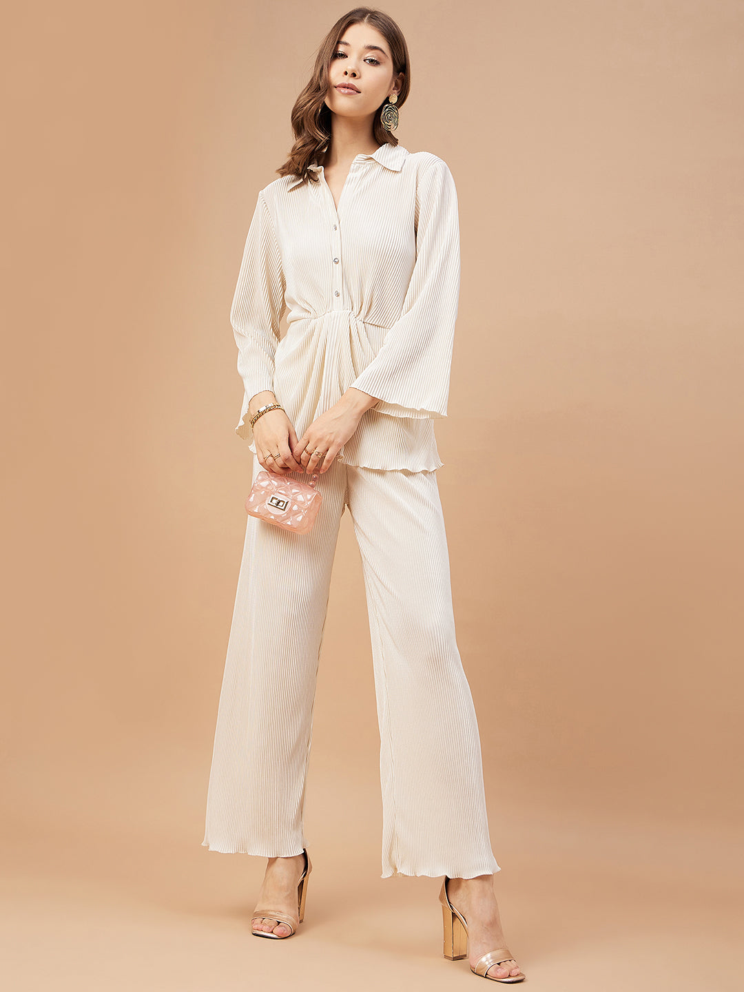 Gipsy Women Ivory Solid Satin Bishop Sleeve Collar Neck Co-Ord Set