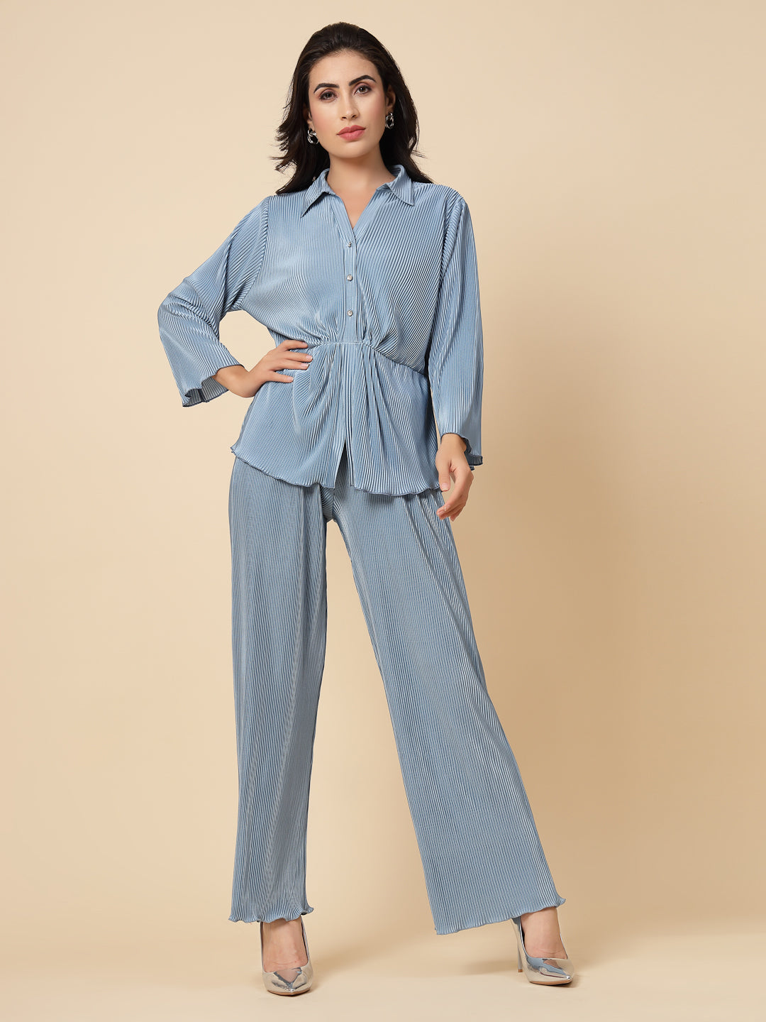 Gipsy Women Space Blue Solid Satin 3/4 Sleeve Collared Neck Cord Set