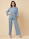 Gipsy Women Space Blue Solid Satin 3/4 Sleeve Collared Neck Co-Ord Sets