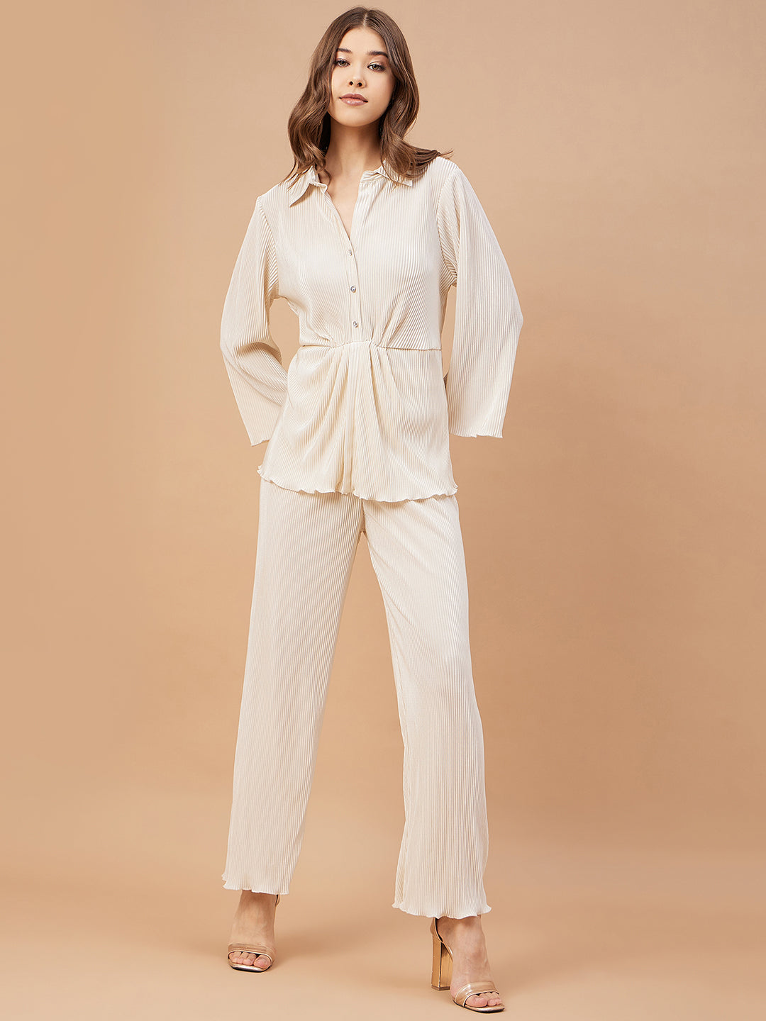 Gipsy Women Ivory Solid Satin Bishop Sleeve Collar Neck Co-Ord Set