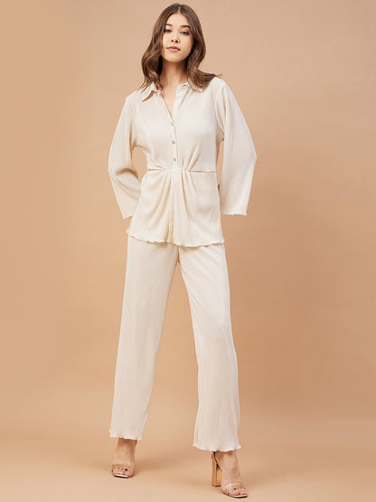 Gipsy Women Ivory Solid Satin Bishop Sleeve Collar Neck Co-Ord Set