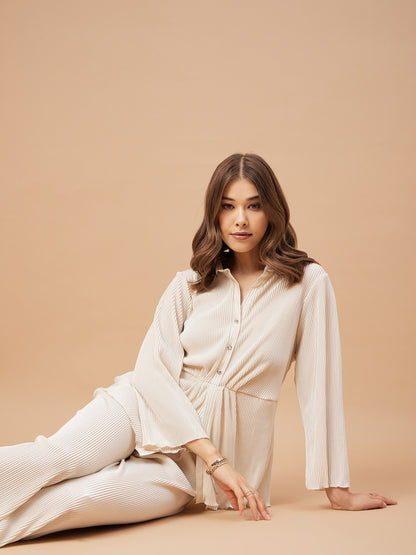 Gipsy Women Ivory Solid Satin Bishop Sleeve Collar Neck Co-Ord Set