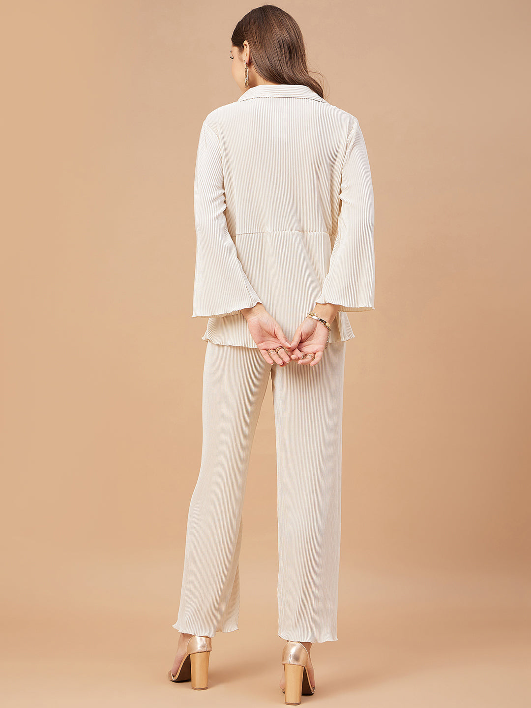 Gipsy Women Ivory Solid Satin Bishop Sleeve Collar Neck Co-Ord Set