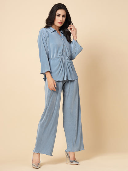 Gipsy Women Space Blue Solid Satin 3/4 Sleeve Collared Neck Co-Ord Sets