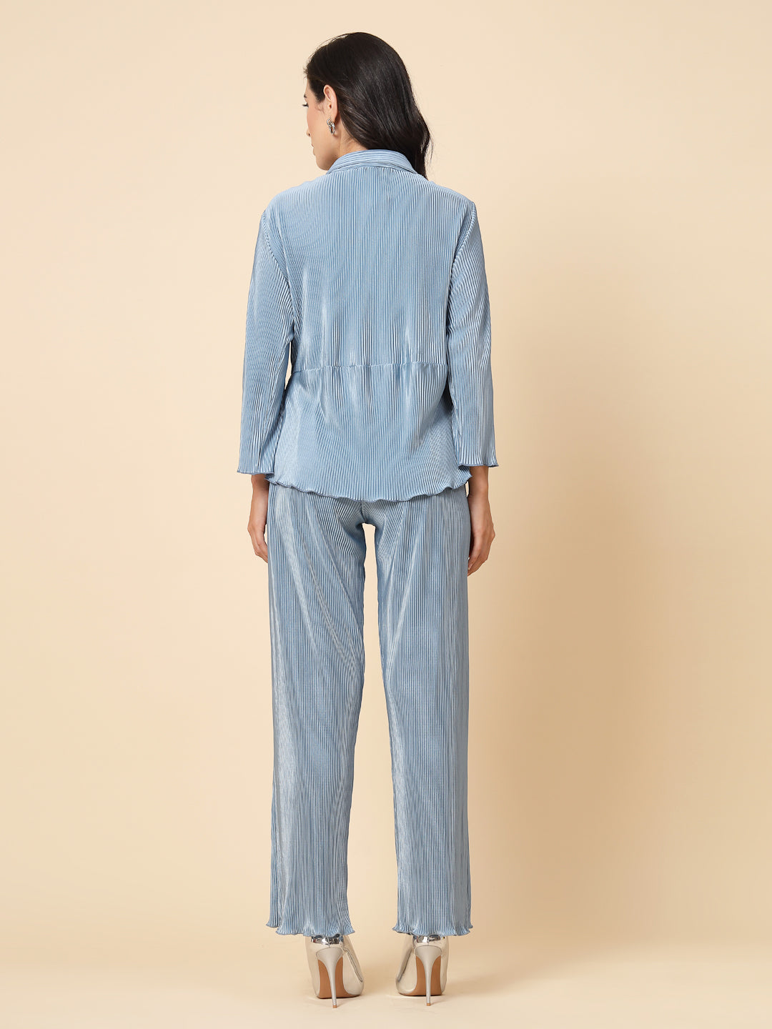 Gipsy Women Space Blue Solid Satin 3/4 Sleeve Collared Neck Co-Ord Sets