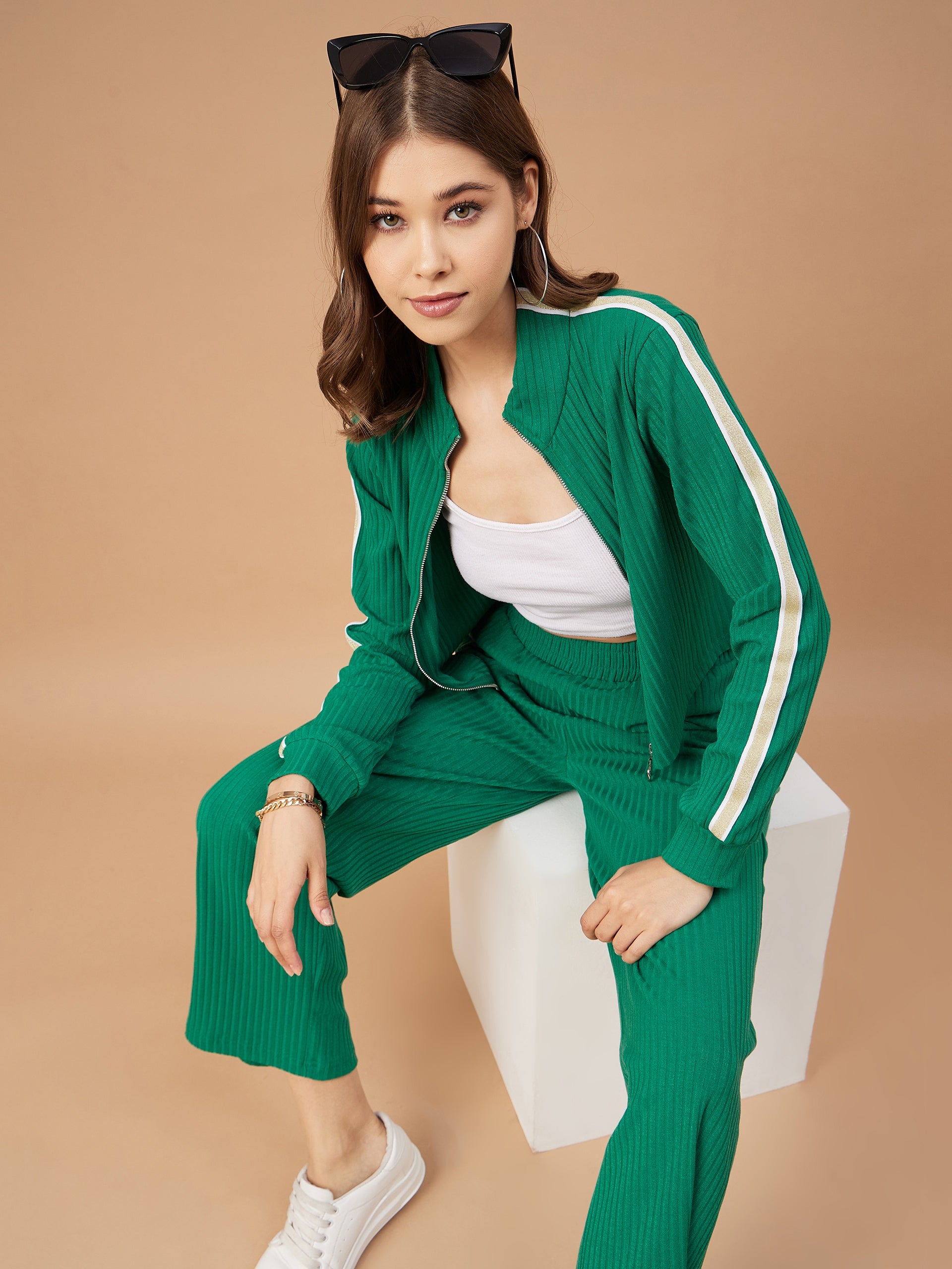 Gipsy Women Green Solid Poly Knit Regular Sleeve Mandarin Collar Co-Ord Set