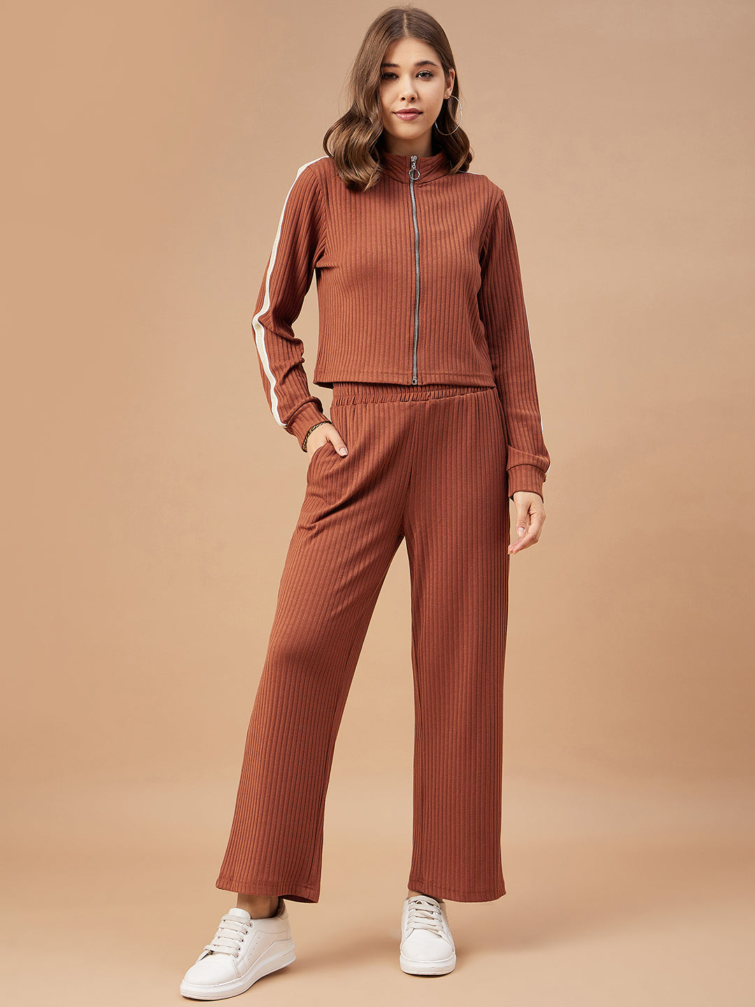 Gipsy Women Tan Solid Poly Knit Regular Sleeve Mandarin Collar Co-Ord Set