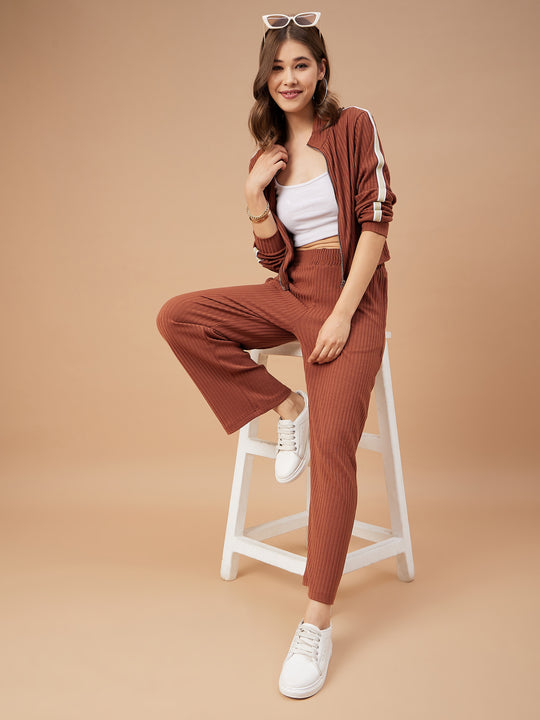 Gipsy Women Tan Solid Poly Knit Regular Sleeve Mandarin Collar Co-Ord Set