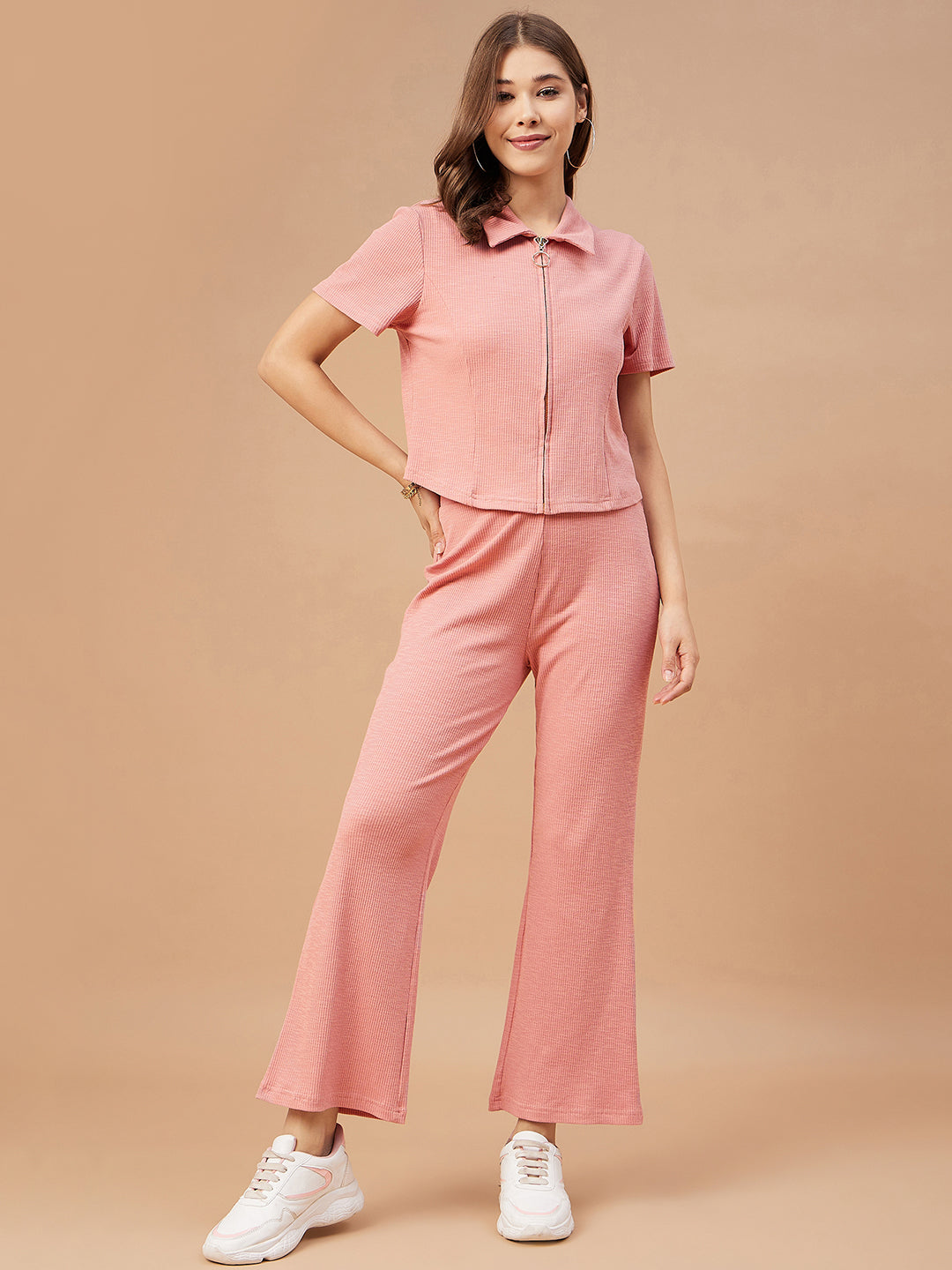 Gipsy Women Dusky Pink Solid Poly Knit Regular Sleeve Collar Neck Co-Ord Set