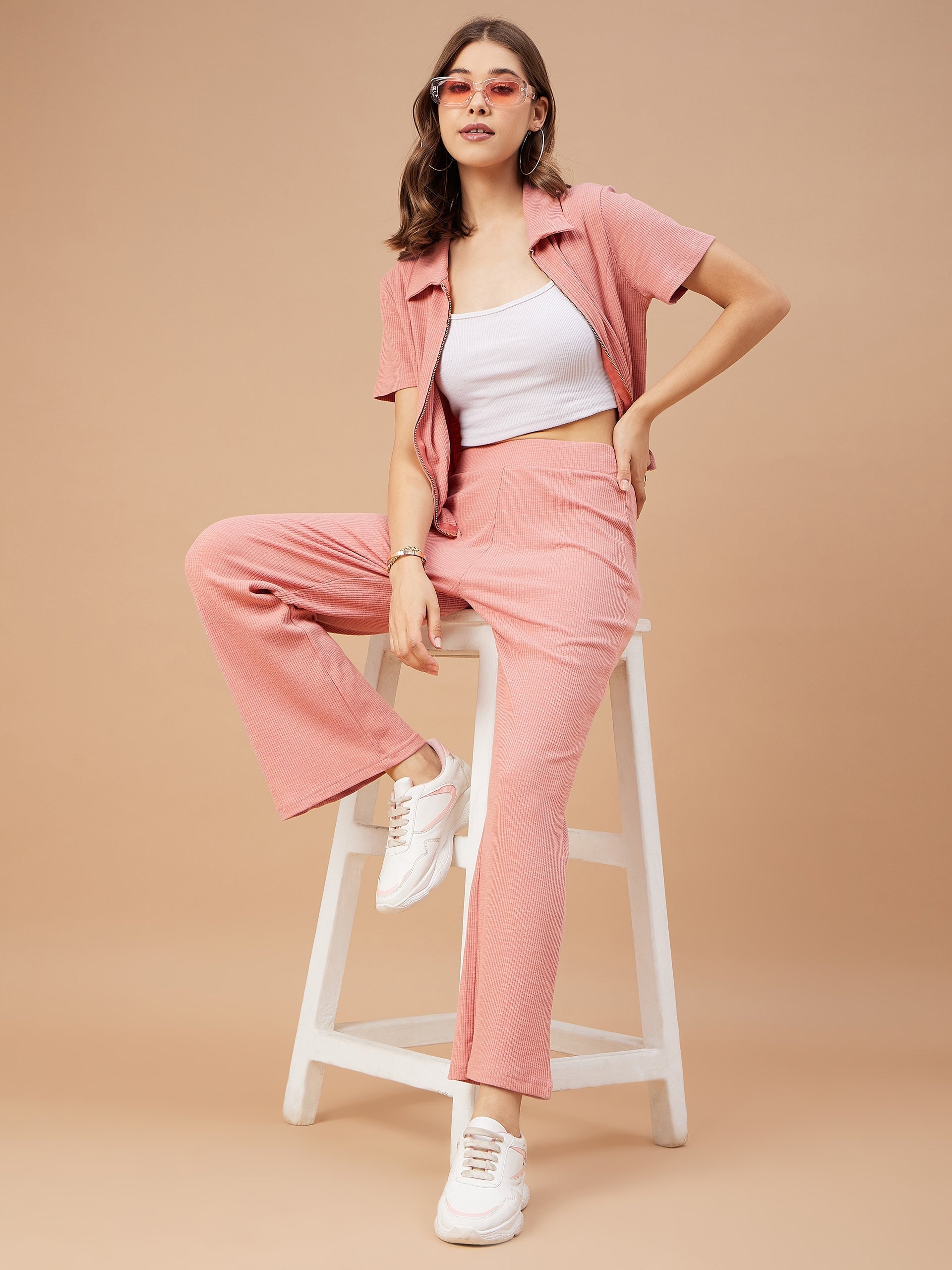 Gipsy Women Dusky Pink Solid Poly Knit Regular Sleeve Collar Neck Co-Ord Set
