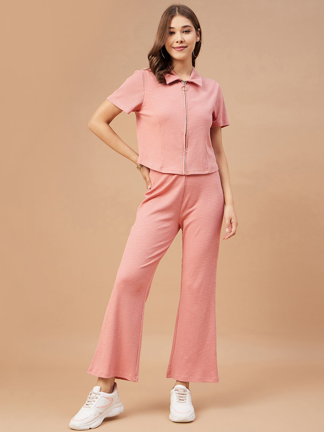 Gipsy Women Dusky Pink Solid Poly Knit Regular Sleeve Collar Neck Co-Ord Sets