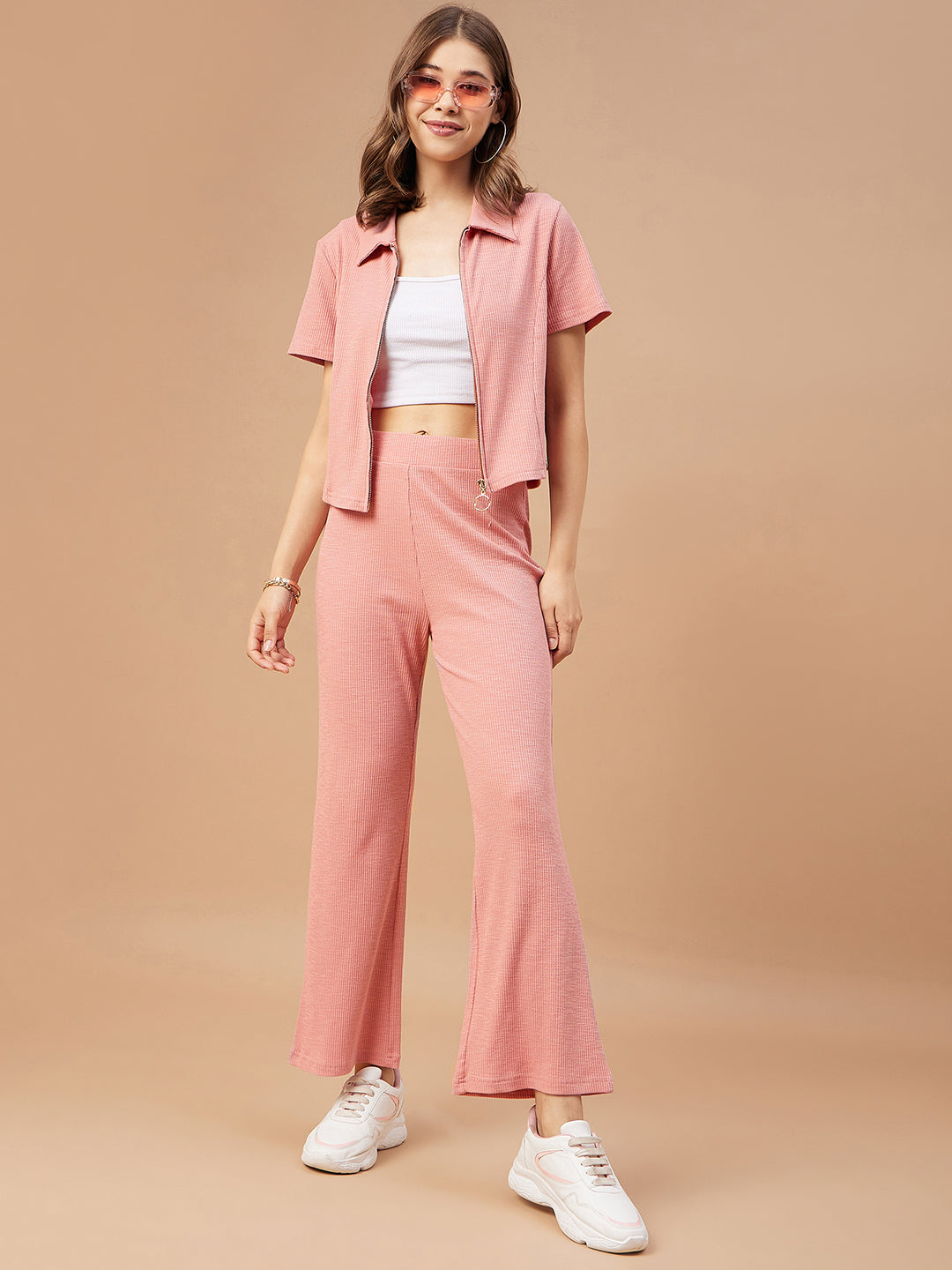 Gipsy Women Dusky Pink Solid Poly Knit Regular Sleeve Collar Neck Co-Ord Sets