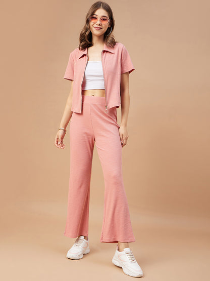 Gipsy Women Dusky Pink Solid Poly Knit Regular Sleeve Collar Neck Co-Ord Sets