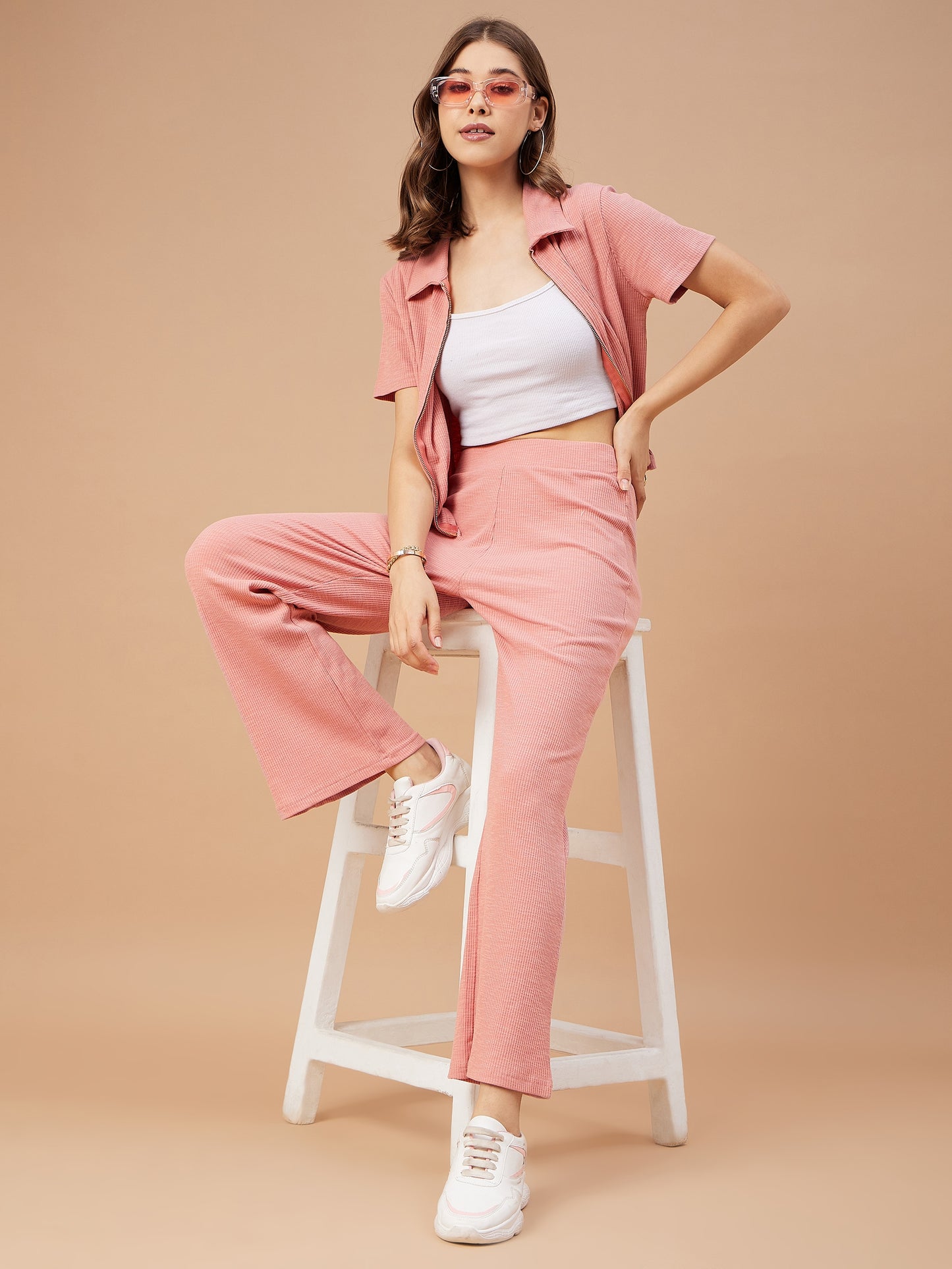 Gipsy Women Dusky Pink Solid Poly Knit Regular Sleeve Collar Neck Co-Ord Sets