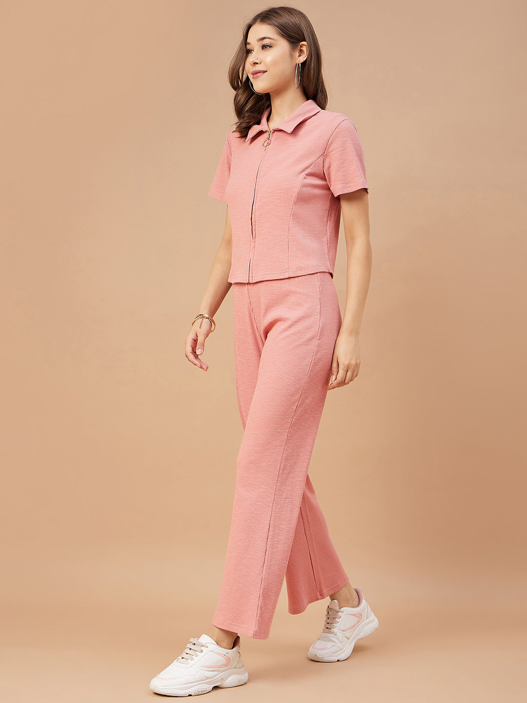 Gipsy Women Dusky Pink Solid Poly Knit Regular Sleeve Collar Neck Co-Ord Sets
