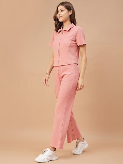 Gipsy Women Dusky Pink Solid Poly Knit Regular Sleeve Collar Neck Co-Ord Sets