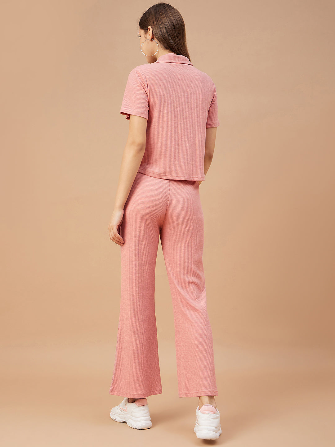 Gipsy Women Dusky Pink Solid Poly Knit Regular Sleeve Collar Neck Co-Ord Sets