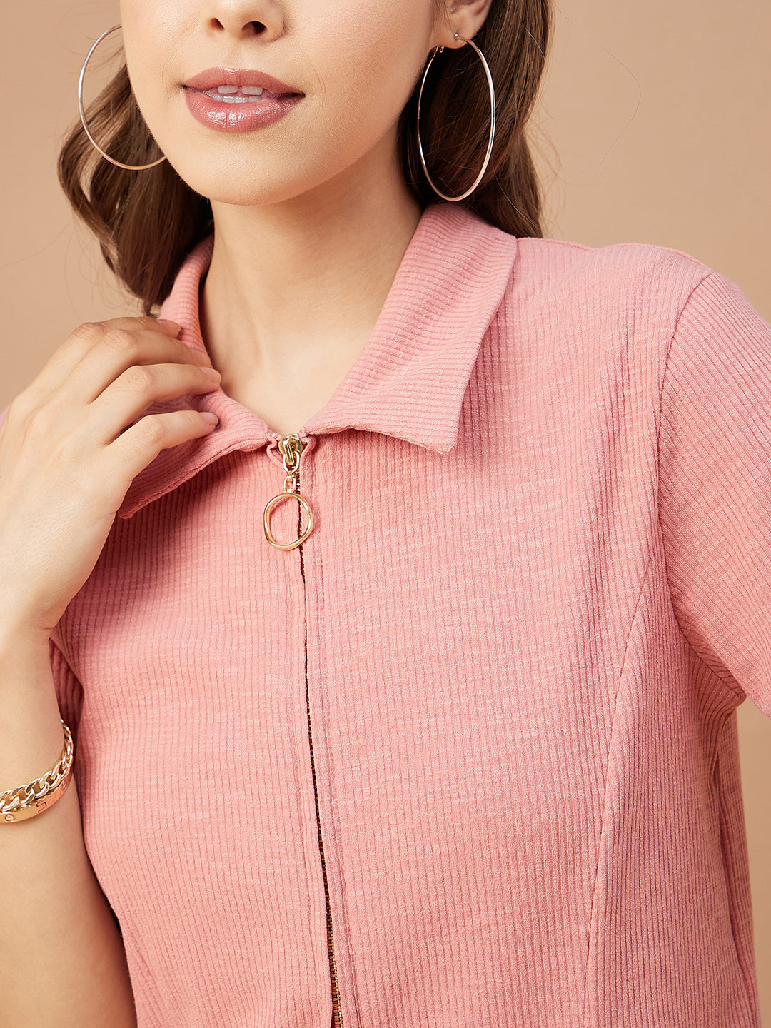 Gipsy Women Dusky Pink Solid Poly Knit Regular Sleeve Collar Neck Co-Ord Sets