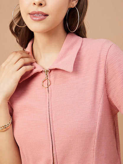 Gipsy Women Dusky Pink Solid Poly Knit Regular Sleeve Collar Neck Co-Ord Sets