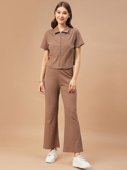 Gipsy Women Mocca Solid Poly Knit Regular Sleeve Collar Neck Co-Ord Sets