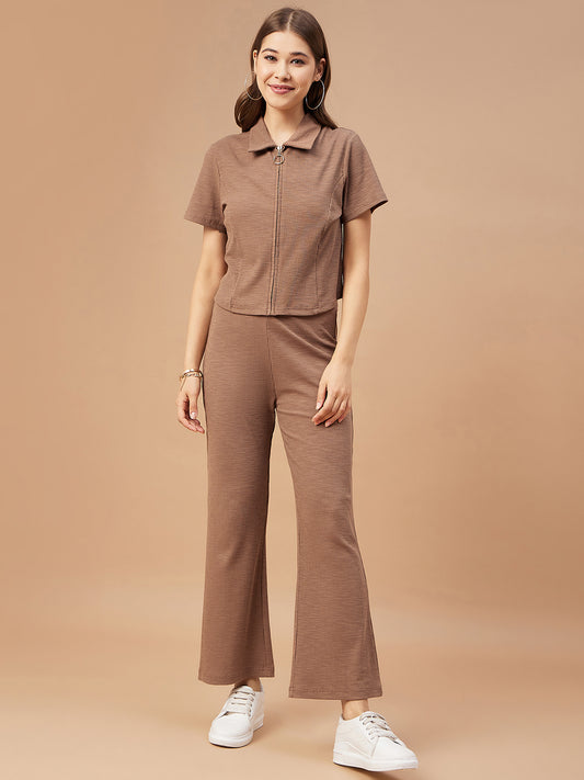 Gipsy Women Mocca Solid Poly Knit Regular Sleeve Collar Neck Co-Ord Sets