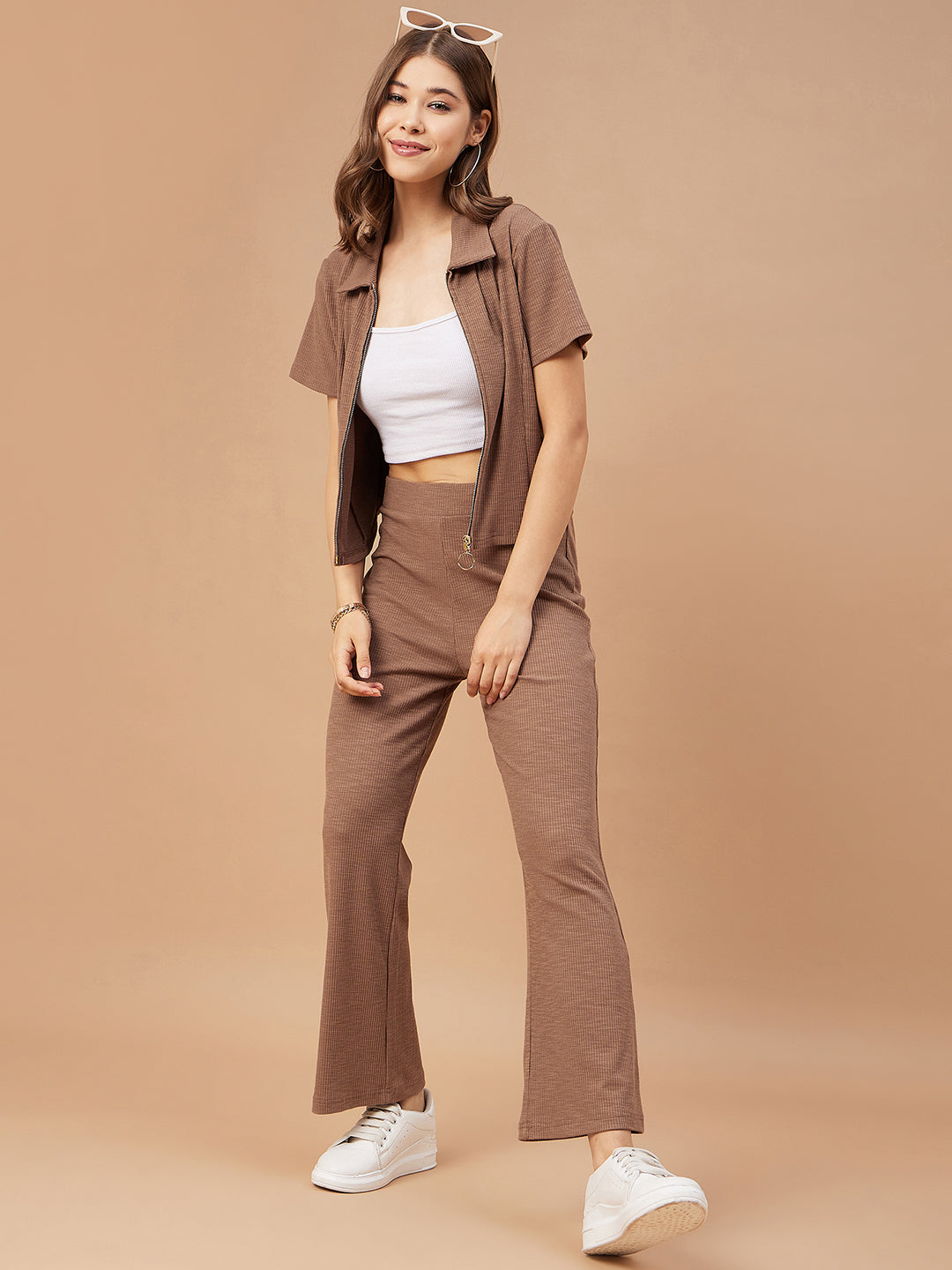 Gipsy Women Mocca Solid Poly Knit Regular Sleeve Collar Neck Co-Ord Sets