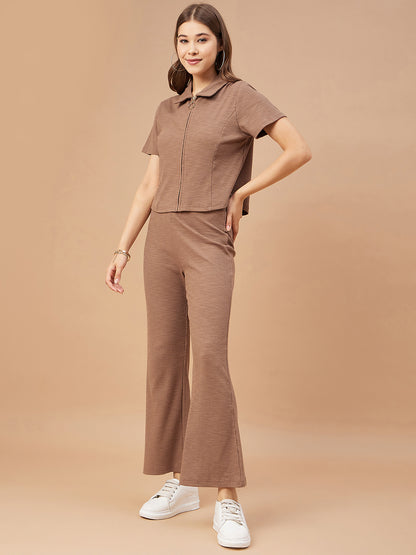 Gipsy Women Mocca Solid Poly Knit Regular Sleeve Collar Neck Co-Ord Sets