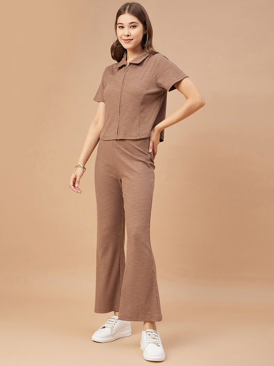 Gipsy Women Mocca Solid Poly Knit Regular Sleeve Collar Neck Co-Ord Sets