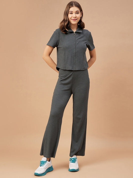 Gipsy Women Olive Solid Poly Knit Regular Sleeve Collar Neck Co-Ord Sets