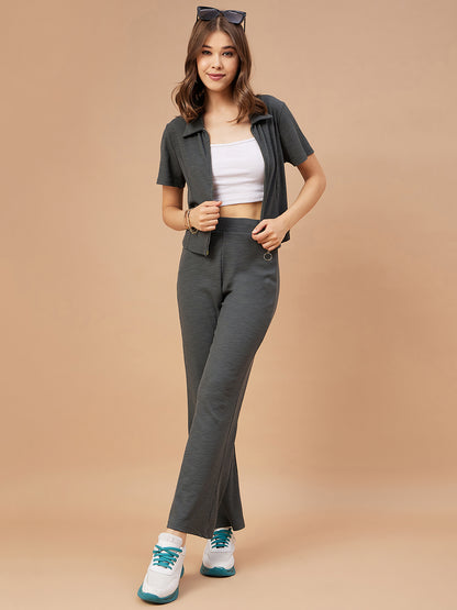 Gipsy Women Olive Solid Poly Knit Regular Sleeve Collar Neck Co-Ord Sets