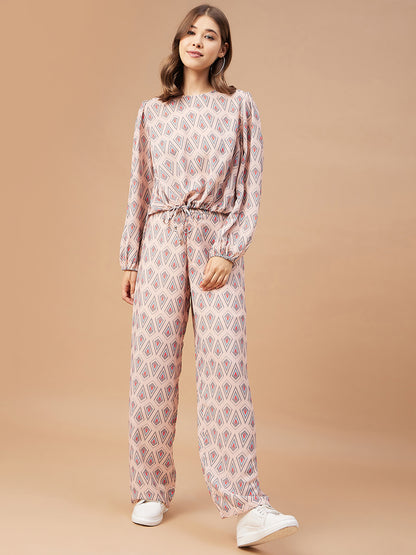 Gipsy Women Pink Print Georgette Regular Sleeve Round Neck Co-Ord Sets