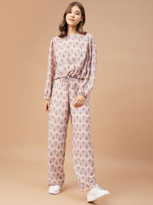 Gipsy Women Pink Print Georgette Regular Sleeve Round Neck Co-Ord Sets