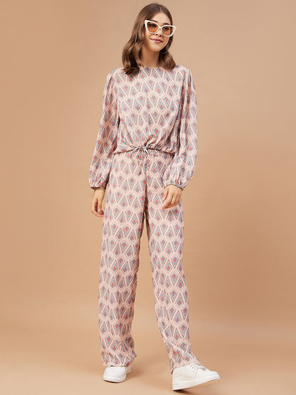 Gipsy Women Pink Print Georgette Regular Sleeve Round Neck Co-Ord Sets
