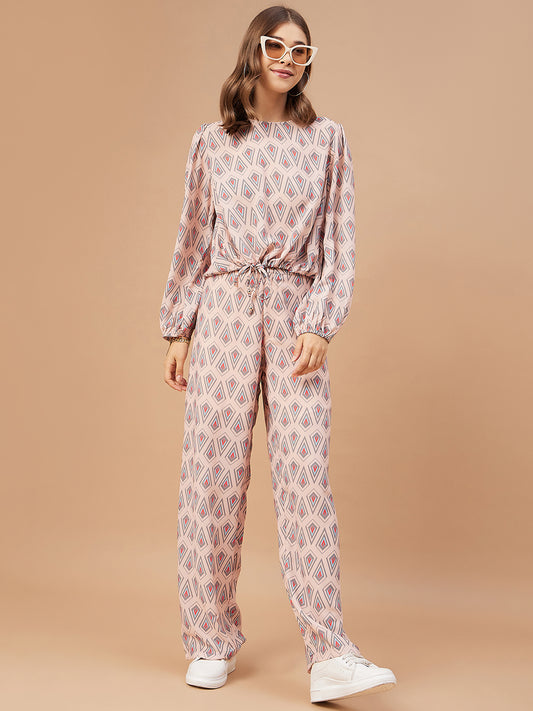 Gipsy Women Pink Print Georgette Regular Sleeve Round Neck Co-Ord Sets