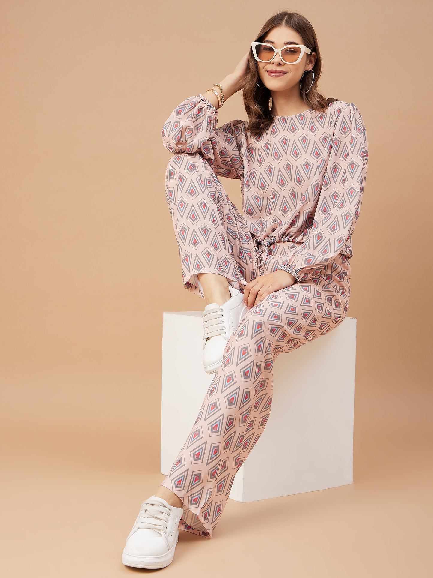 Gipsy Women Pink Print Georgette Regular Sleeve Round Neck Co-Ord Sets