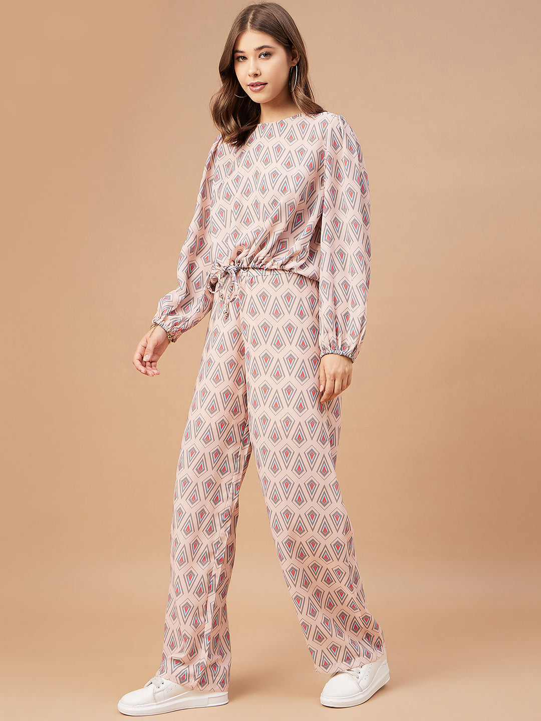 Gipsy Women Pink Print Georgette Regular Sleeve Round Neck Co-Ord Sets